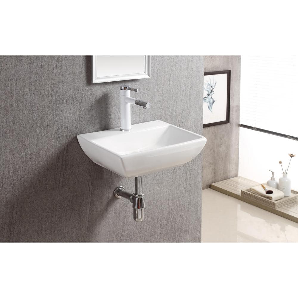 Compact White Ceramic Wall-Mount Rectangular Bathroom Sink