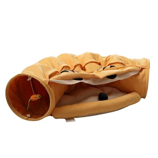 Tatayosi Medium Cat's Telescopic Tunnel Cushioned Bed, Pet Nest Teasing Balls Zipper Connection, Yellow