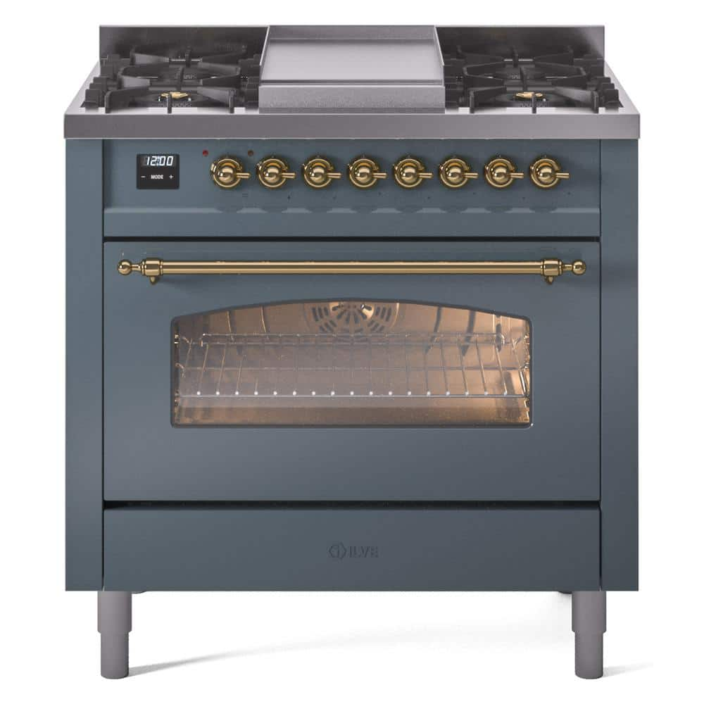 Nostalgie II 36 in. 6 Burner+Griddle Freestanding Dual Fuel Liquid Propane Range in Blue Grey with Brass Trim -  ILVE, UP36FNMPBGGLP