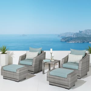 Cannes 5-Piece All Weather Wicker Patio Club Chair and Ottoman Conversation Set with Sunbrella Spa Blue Cushions
