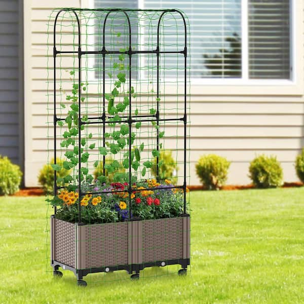 Raised Garden Bed Planter Box w/Wheels Tomato Planter w/Trellis 32 in. L x 16 in. W x 73 in. H Outdoor Wood Cage, 2-Pack