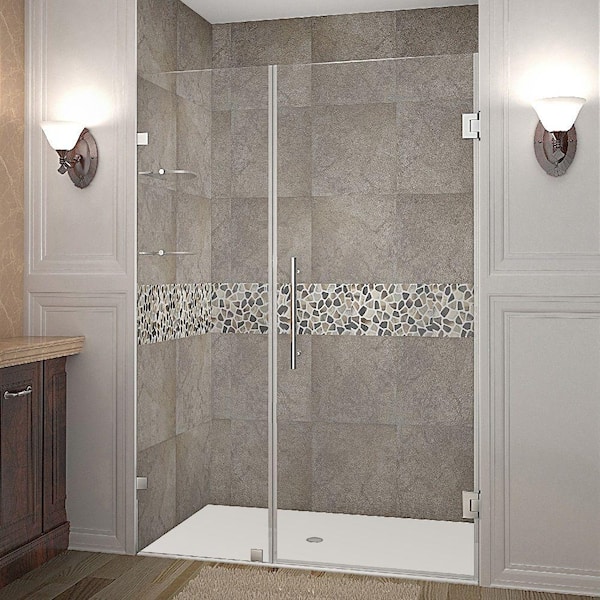 Aston Nautis GS 49 in. x 72 in. Frameless Hinged Shower Door in Stainless Steel with Glass Shelves