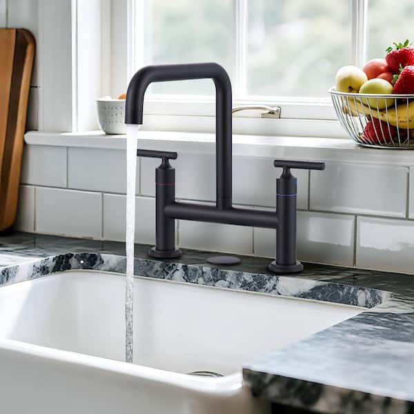 8 in. Centerset Double Handle Brass Bridge Kitchen Faucet with Sink Hole Cover in Matte Black