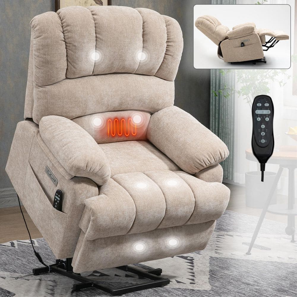 Beige High Back Chenille Power Lift Recliner Chair with 8-Point Vibration M