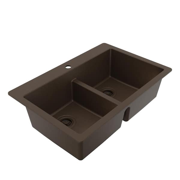 Quartz Granite Composite 33 in. Drop-in Top Mount Double Bowl Low-Divider Kitchen Sink in Brown