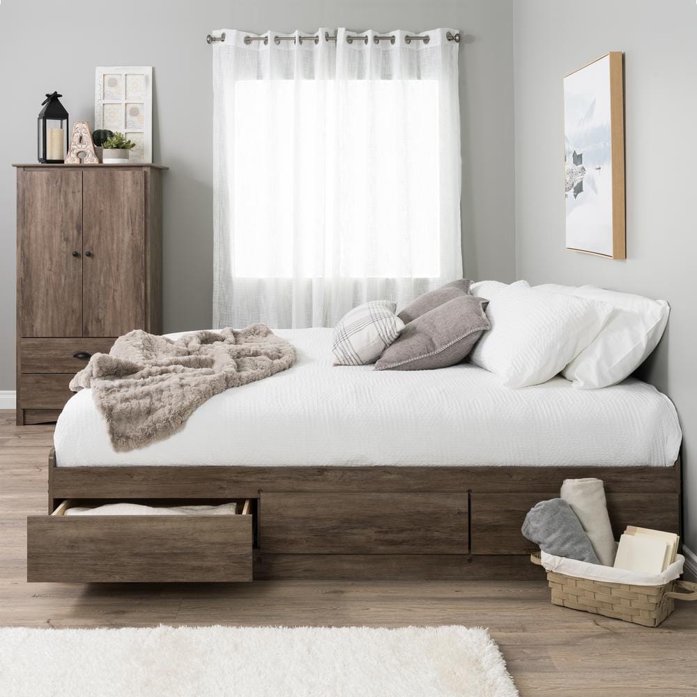 Coastal Drifted Gray King Platform Bed with 6 Storage Drawers