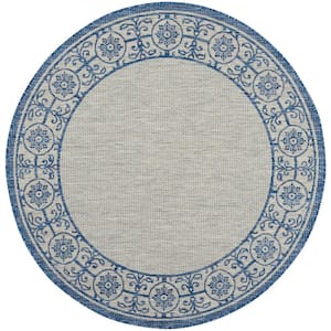 Garden Party Ivory Blue 5 ft. x 5 ft. Round Bordered Transitional Indoor/Outdoor Patio Area Rug