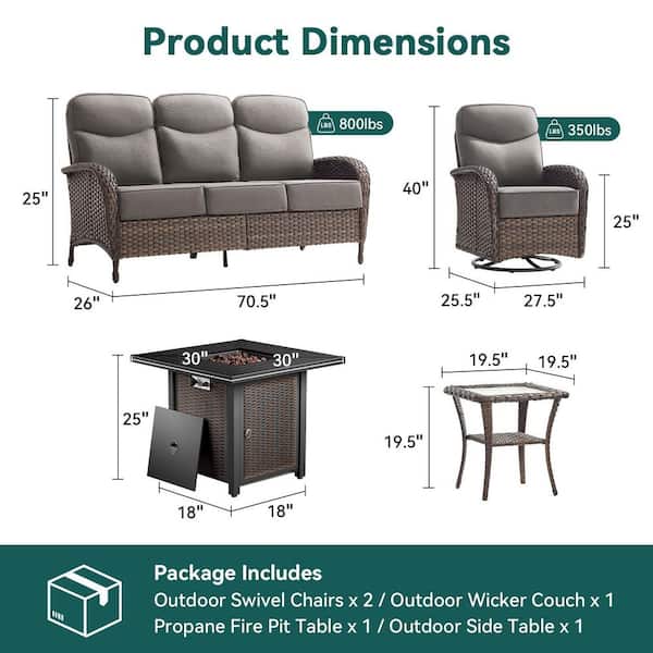 Moonridge 5-Piece Brown Wicker Fire Pit Conversation Set with 6 in. Olefin Gray Cushions / Metal Fire Pit Table