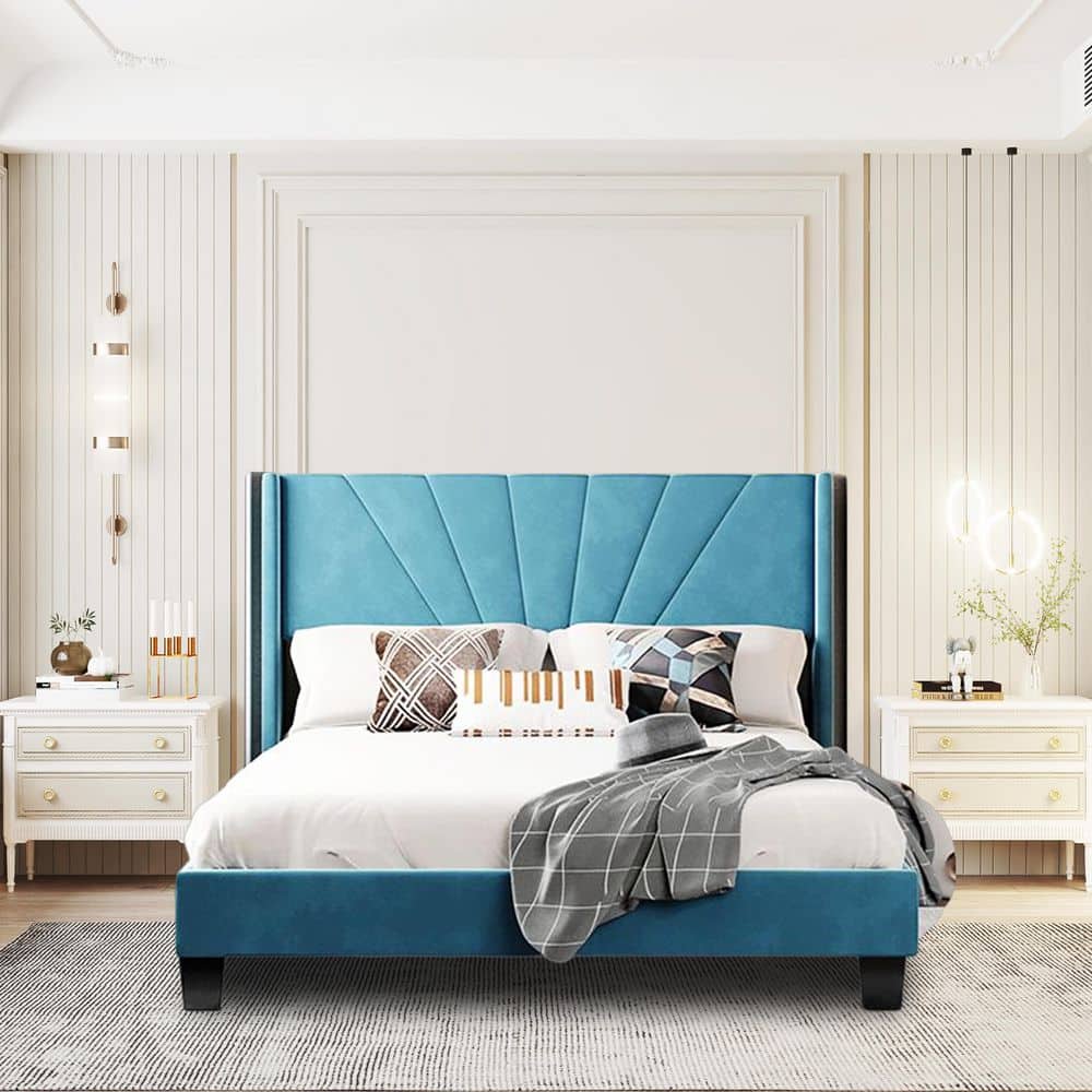 SUNRINX Blue Bed Frame Queen Velvet Platform Bed, Box Spring Needed MG434WE The Home Depot