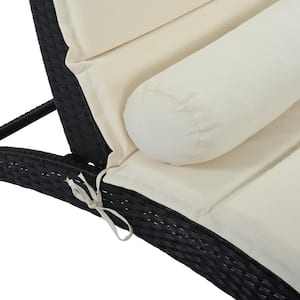 Black PE Wicker Outdoor Sun Lounger, Foldable Chaise Lounger with Beige Removable Cushion and Bolster Pillow