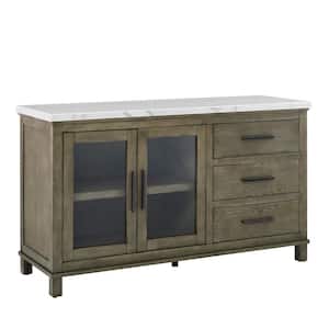Grayson Driftwood Finish with White Marble Top 59.75 in. W Sideboard with Glass Doors