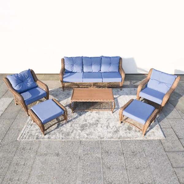 Tenleaf 6-Piece Wicker Outdoor Sofa Sectional Set Patio Furniture Set Conversation Set with Blue Cushions