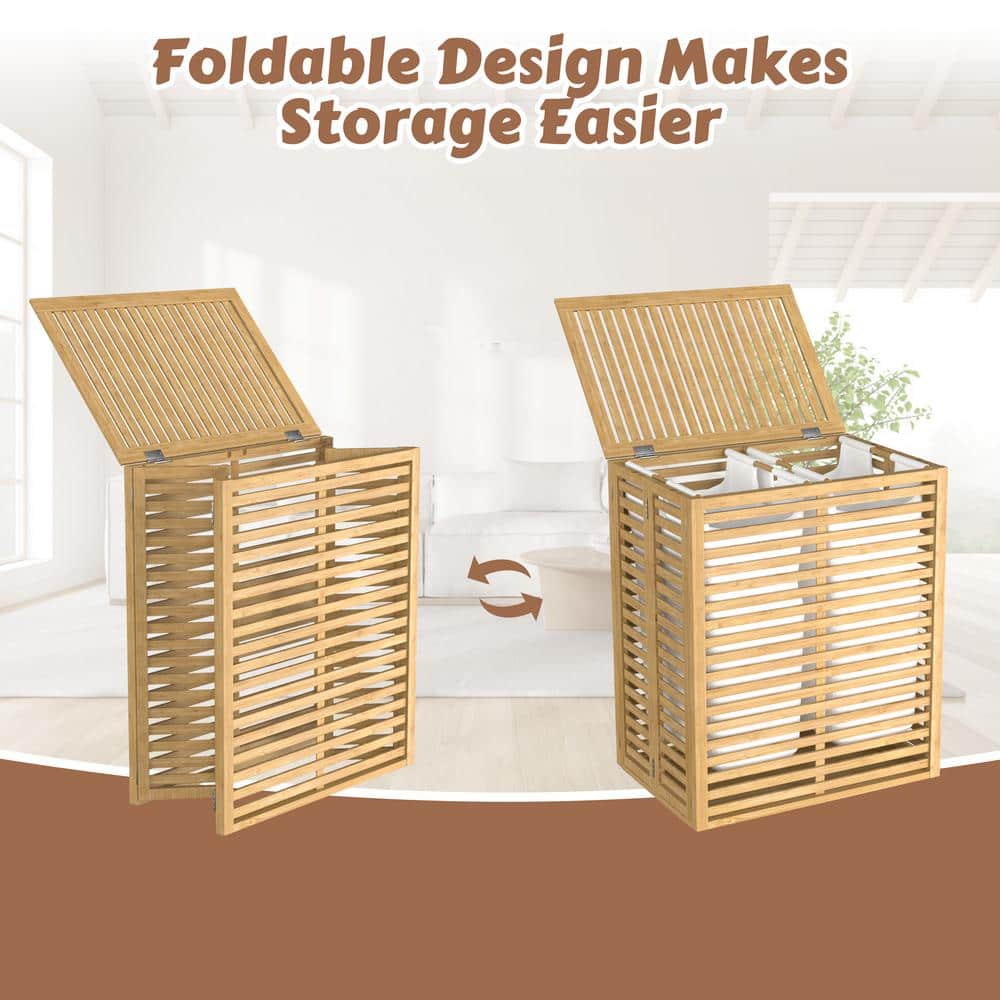 Natural Bamboo 2-Section Collapsible Laundry Hamper with Lid