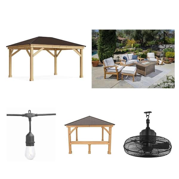Edison String Light, 12 ft. x 16 ft. Gazebo Kit, 20 in. Fan, 12 ft. Bar & Teak Patio Set Combo
