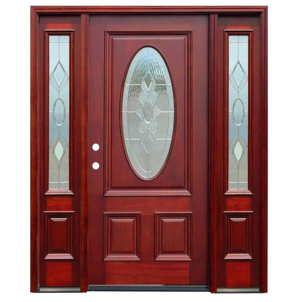 Pacific Entries 68 in. x 80 in. Strathmore Traditional 3/4 Oval Lite Stained Mahogany Wood Prehung Front Door with 12 in. Sidelites