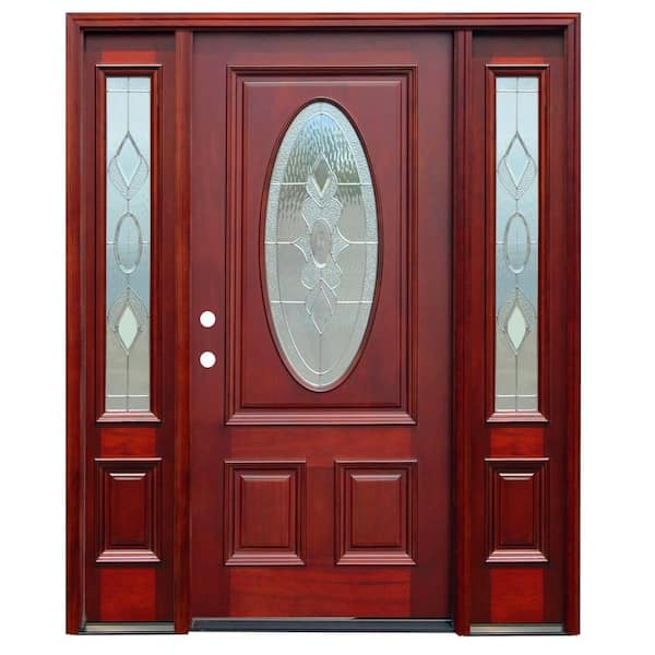 Pacific Entries 70 in. x 80 in. Strathmore Traditional 3/4 Lite Stained Mahogany Wood Prehung Front Door with 14 in. Sidelites