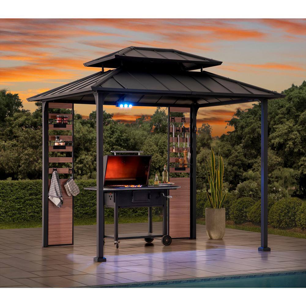 Matte Black 7 x 9 ft. 2-Tier Hardtop Grill Gazebo with Storage Shelves