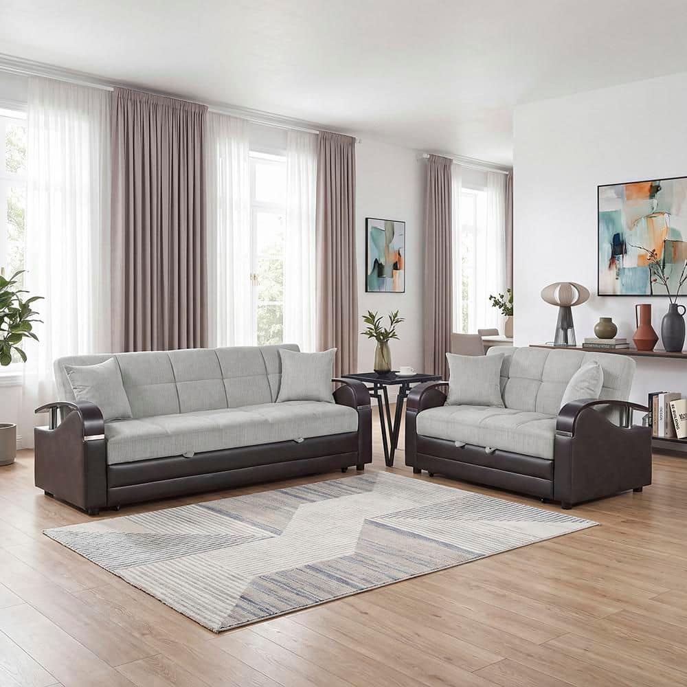 Rowan 88 in. W Round Arm Rectangle Chenille and Faux Leather 2-Piece Living Room Sofa Sets in Gray and Dark Brown