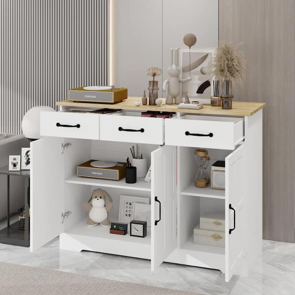 Farmhouse Buffet Cabinet Storage Sideboard with 3-Drawers and 3-Doors for Dining Living Room Kitchen Cupboard in White