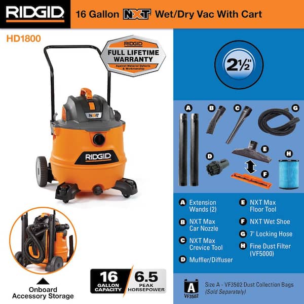 16 Gal. 6.5 Peak HP NXT Shop Vacuum Wet Dry Vac with Cart, Fine Dust Filter, Hose and Accessory Attachments HD1800