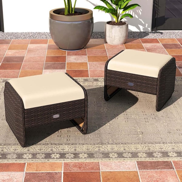 Costway Wicker Outdoor Ottoman with Footstools and Removable Beige Cushions (2-Pack)