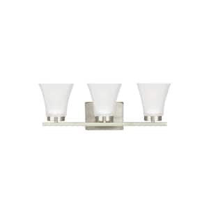 Bayfield 20 in. 3-Light Brushed Nickel Contemporary Wall Bathroom Vanity Light with Satin Etched Glass and LED Bulbs