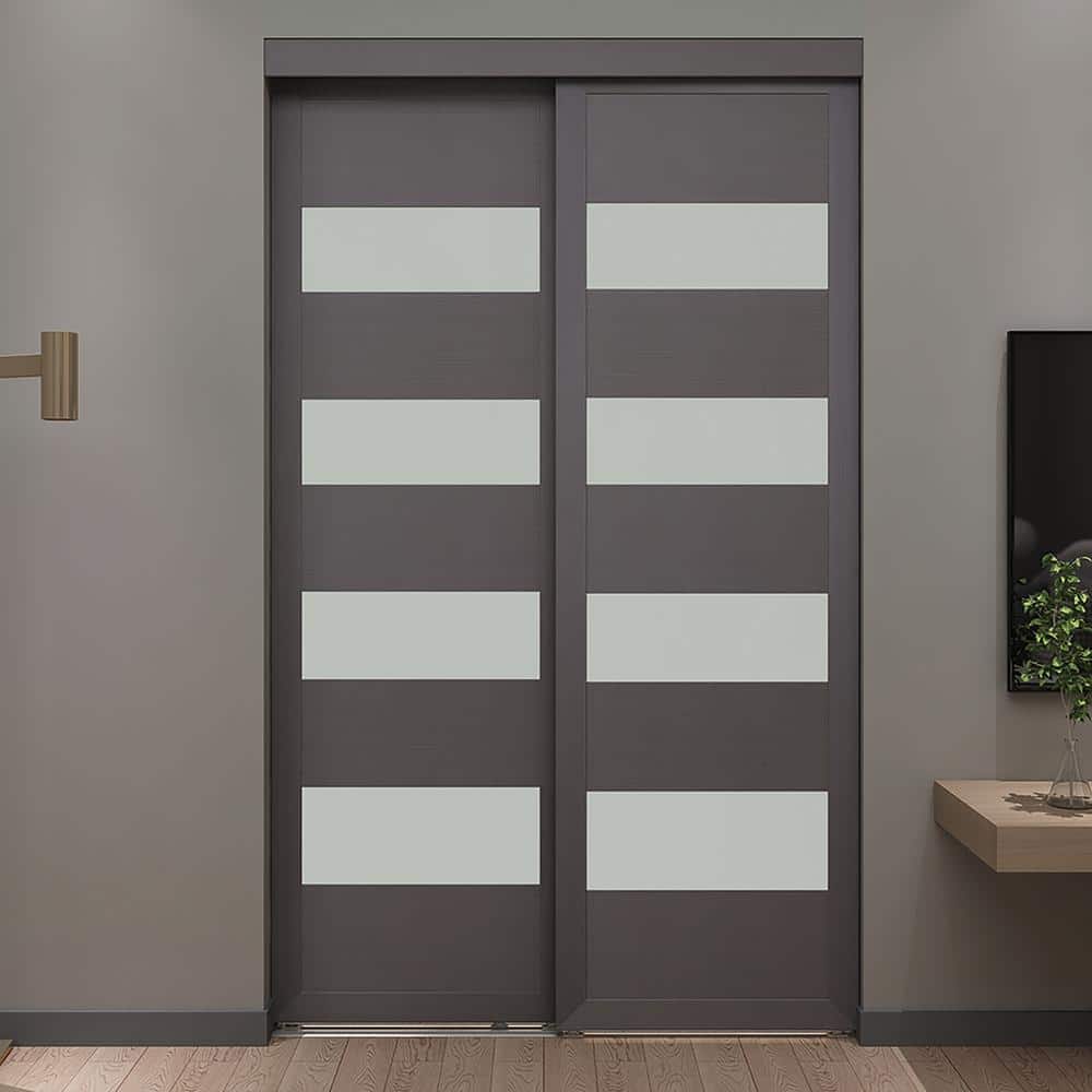 48 in. x 80.5 in. 4-Lite Grey MDF Frosted Sliding Closet Door