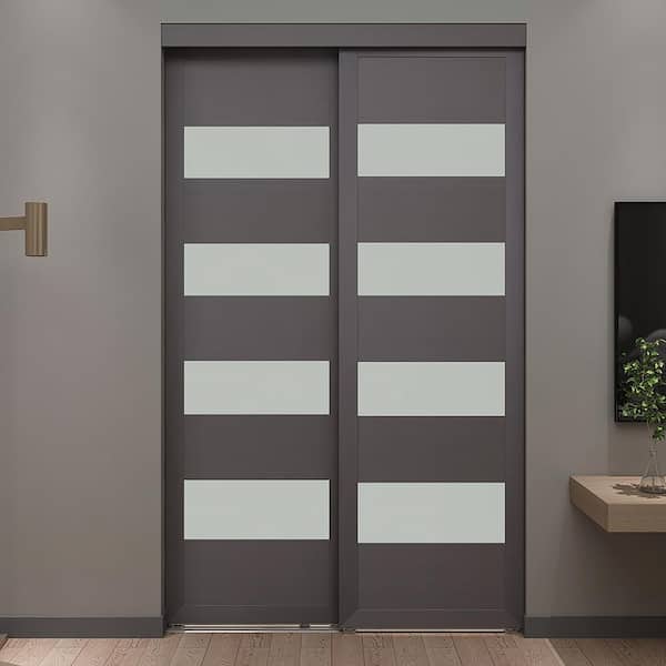 Unbranded 48 in. x 80.5 in. 4-Lite Grey MDF Frosted Sliding Closet Door