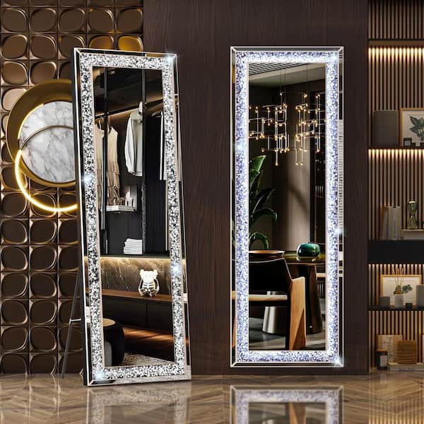 Black 18 in. W x 59 in. H Rectangular LED Light Full Length Mirror with Crystal Crush Diamond Free Standing Floor Mirror