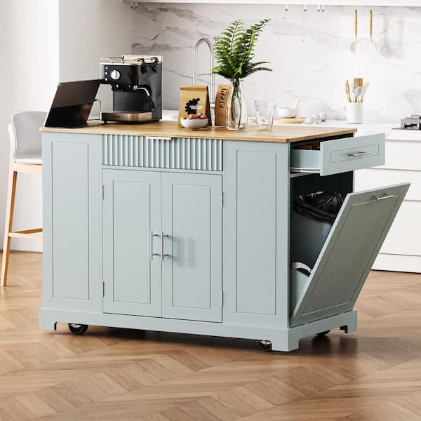 Boosicavelly Blue Grey MDF Wood Kitchen Cart with Trash Can Storage Cabinet, Power Outlet, Internal Storage Rack