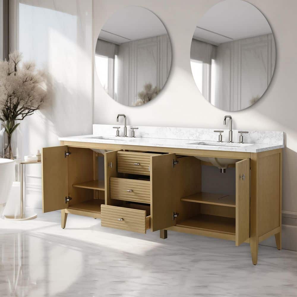 72" Natural Oak Double Sink Vanity with Marble Top