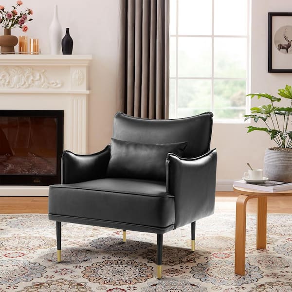 Glitzhome Mid-Century Modern Black Leatherette Armchair With Gold Trimmed Metal Legs and Side Pocket