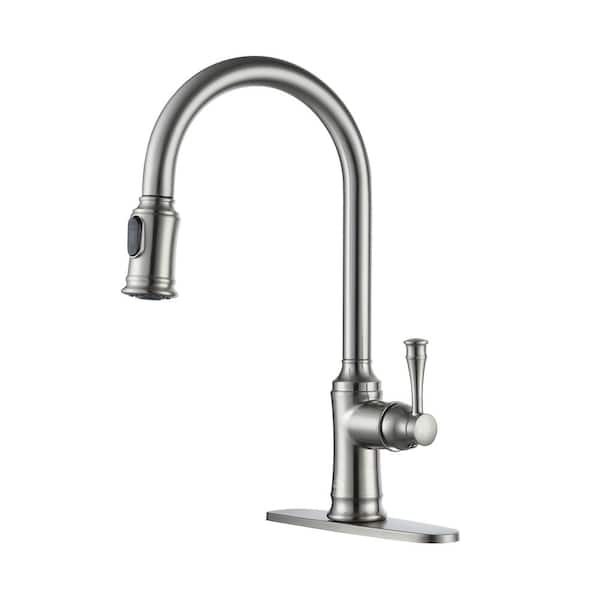 Boyel Living 2-Spray Patterns Single Handle Pull Down Sprayer Kitchen Faucet with Deckplate and Water Supply Hoses in Brushed Nickel