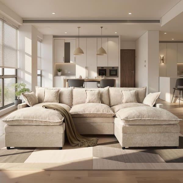 YC 107 in. Wide Arm 3-Piece Modern Chenille U-Shape Modular Sectional Sofa in Camel with 2 Ottomans