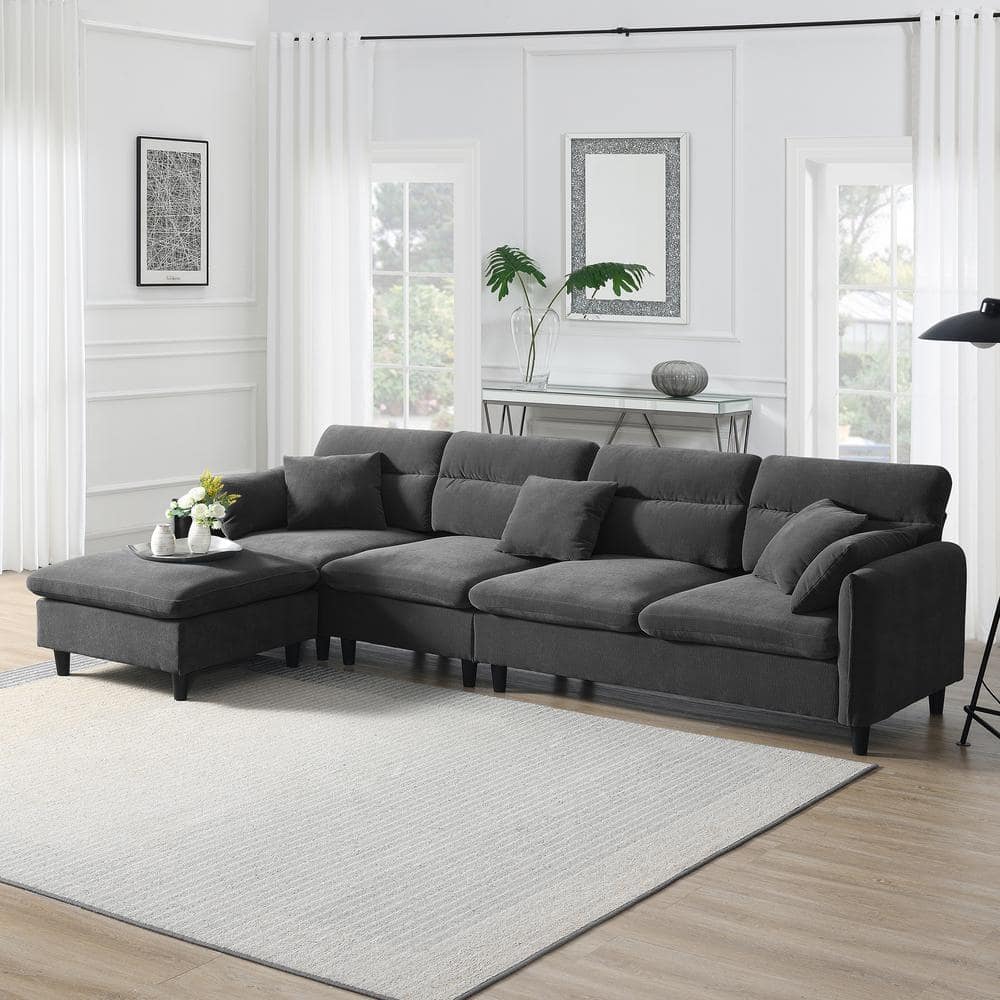 Gray L-shaped Plastic Outdoor Sectional Sofa Set with Cushions, Free Pillow