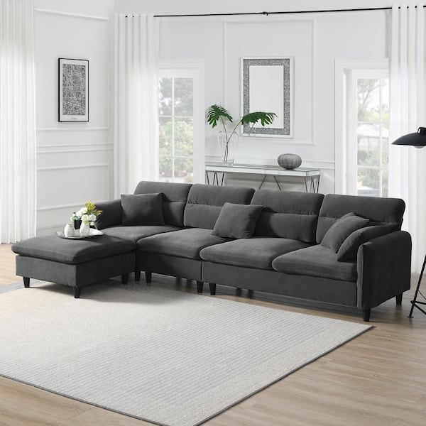 Unbranded Gray L-shaped Plastic Outdoor Sectional Sofa Set with Cushions, Free Pillows, Ottoman for Living Room, Apartment