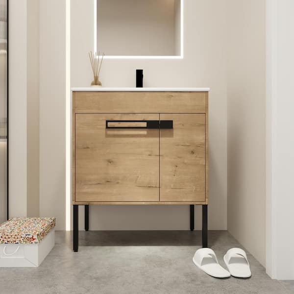 Staykiwi 30 in. W x 19 in. D x 35 in. H Freestanding Bath Vanity in Imitative Oak with White Ceramic Top