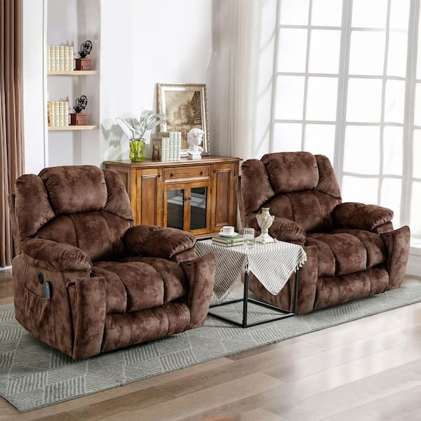 Set of 2 40.6 in. W Brown Oversize Power Lift Recliner Chair with Massage and Heating