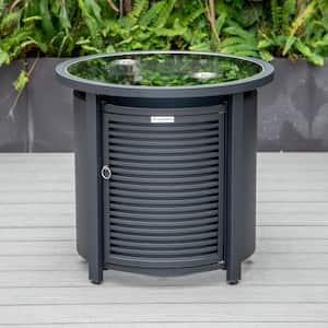 Walbrooke Black Modern Round Tank Holder Table with Tempered Glass Top and Powder Coated Aluminum Slats Design