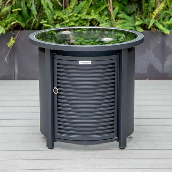 Leisuremod Walbrooke Black Modern Round Tank Holder Table with Tempered Glass Top and Powder Coated Aluminum Slats Design