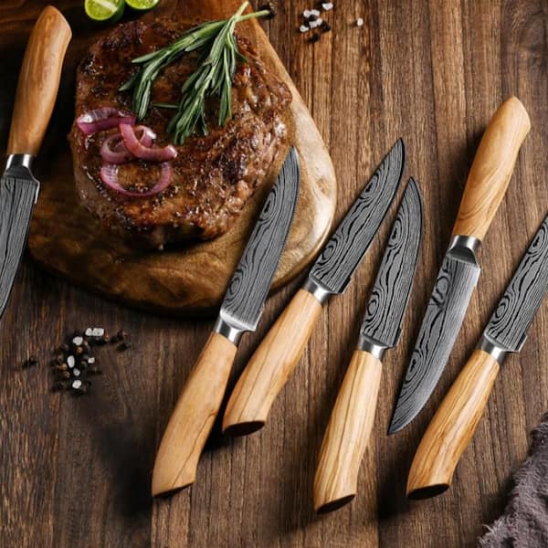 4.5 in. High-Carbon Steel Full Tang Steak Knives with Olive Wood Handle, German Kitchen Steak Knives (Set of 6)