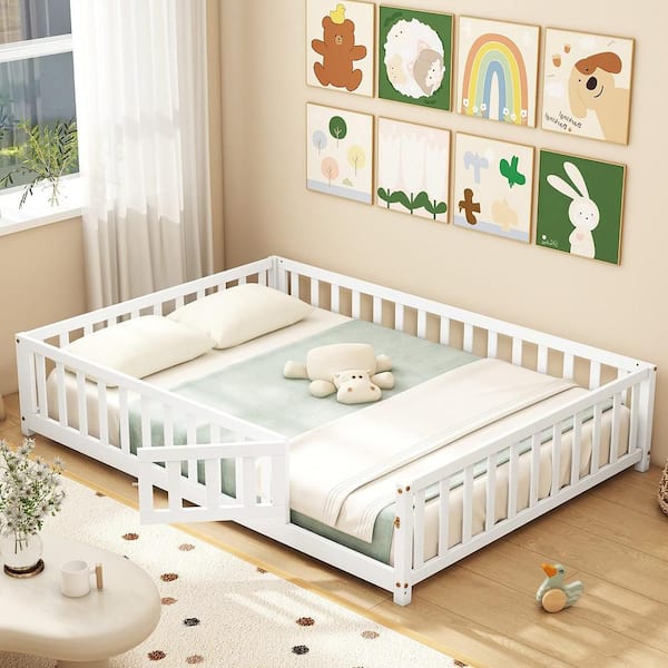 Full Size Floor Bed Montessori Bed Frame with Full-length Guardrails and Safety Door White