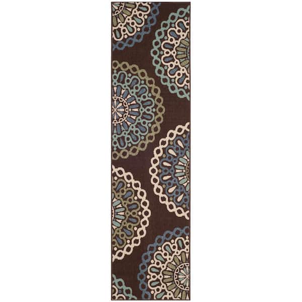 SAFAVIEH Veranda Chocolate/Blue 2 ft. x 8 ft. Floral Indoor/Outdoor Patio  Runner Rug