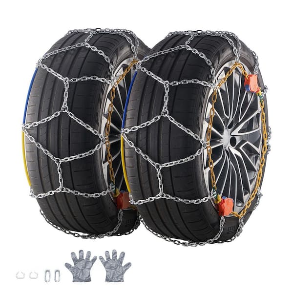 Manganese Steel Emergency Tire Chains for Cars, SUVs, Trucks-Auto Tightening, Diamond Mesh Traction (Set of 2)