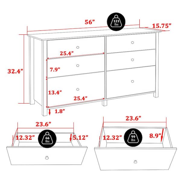 6-Drawer Gray Chest of Drawers Dressers with 2 Oversized Drawers 32.4 in. H x 56 in. W x 15.8 in. L