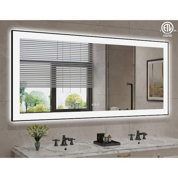 60 in. W x 28 in. H Rectangular Aluminum Framed Backlit and Front light LED wall mounted Bathroom Vanity Mirror in Black