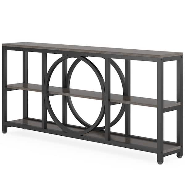 BYBLIGHT Turrella 70.9 in. Gray Rectangle Wood Console Table, Extra Long Sofa Table with 3-Tiers Shelves and Black Metal Frame