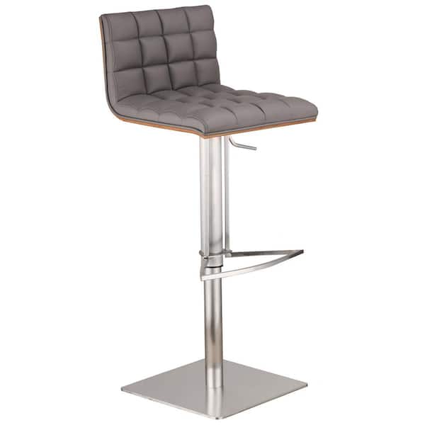 Armen Living Doug Adjustable Brushed Stainless Steel Bar Stool in Gray Faux Leather with Walnut Back