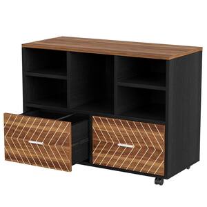 Atencio 2-Drawer Walnut and Black Wood 39.37 in. W Lateral Mobile File Cabinet with Open Storage Shelves and Casters