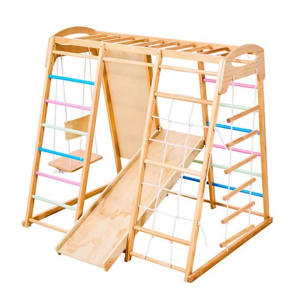 Indoor Playground Jungle Gym, 7 in.-1 Wooden Playset, 250LBS. with Swing, Monkey Bar, Slide, Ladder, Rope, Net and Rock